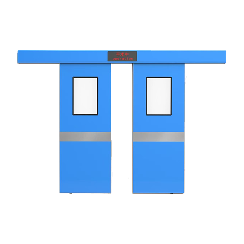 OSIDEK automatic double-leaf sliding door with an integrated operation indicator, engineered as a heavy-duty architectural component for hospital operating rooms.