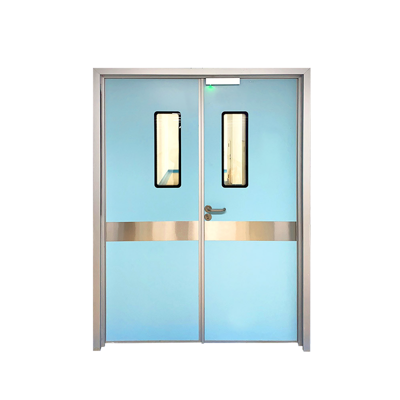 OSIDEK automatic double-leaf swing hermetic door with observation windows and crash guards, engineered for high-traffic hospital clean corridors.