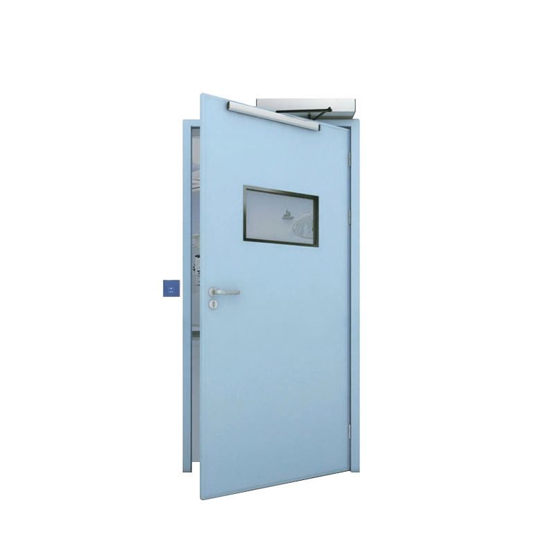 OSIDEK automatic single-leaf swing hermetic door featuring a top-mounted operator, engineered for seamless integration in hospital clean corridors.