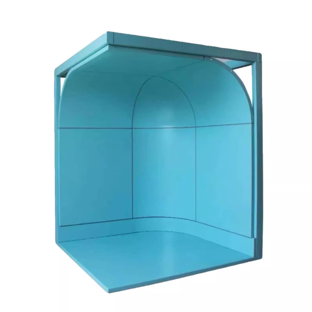 Authentic physical mockup of OSIDEK modular operating room, featuring electro-galvanized steel panels with seamless coved corners for sterile environments.