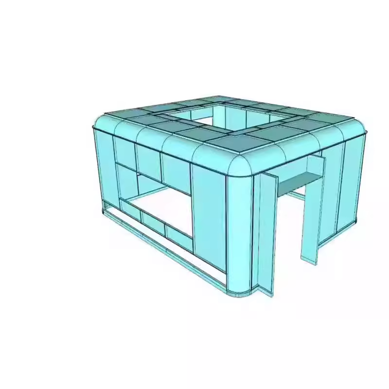 Technical 3D structural rendering of OSIDEK prefabricated modular operating room, illustrating the interlocking concealed keel system and smooth arc transitions.