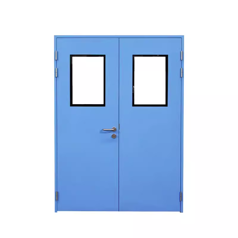 OSIDEK hygienic steel double doors with flush observation windows, manufactured as heavy-duty architectural components for sterile cleanroom environments.