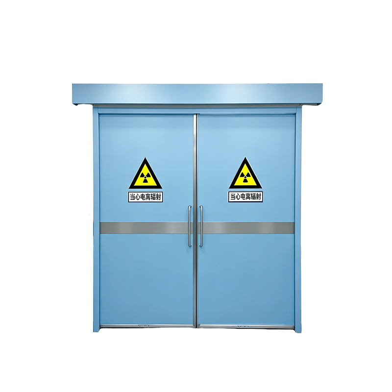 OSIDEK manual bi-parting lead-lined sliding door with radiation warning symbols, custom-engineered for wide-access hospital X-ray and CT rooms.
