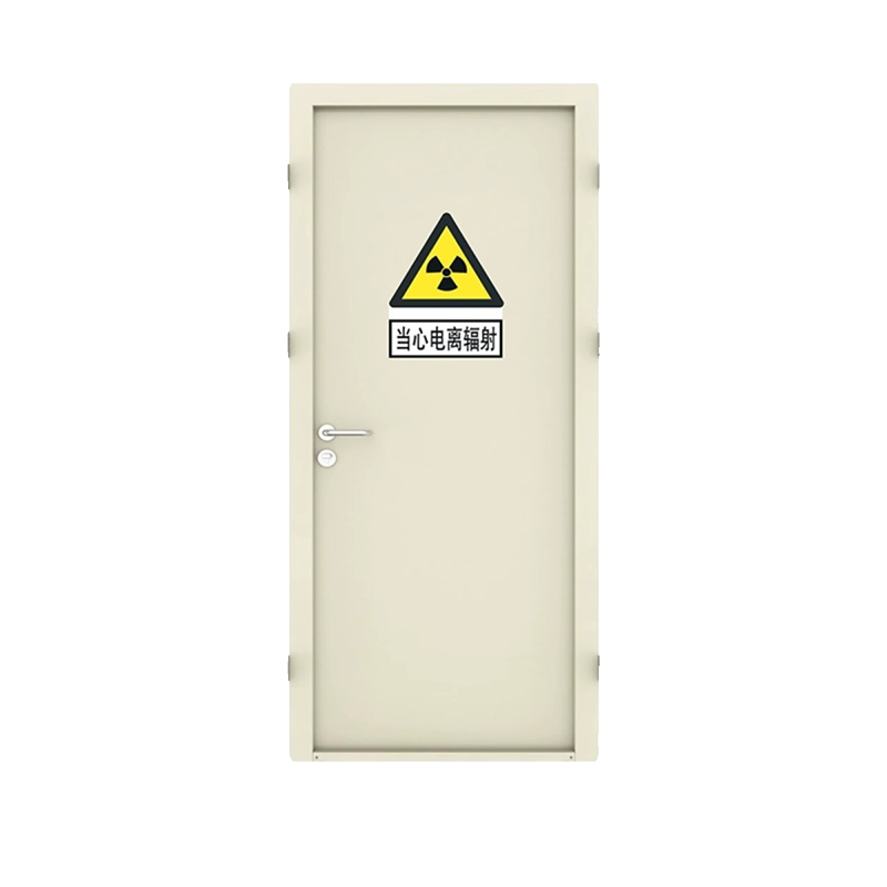 OSIDEK manual single-leaf lead-lined swing door with radiation warning symbol, custom-engineered for hospital X-ray room shielding.