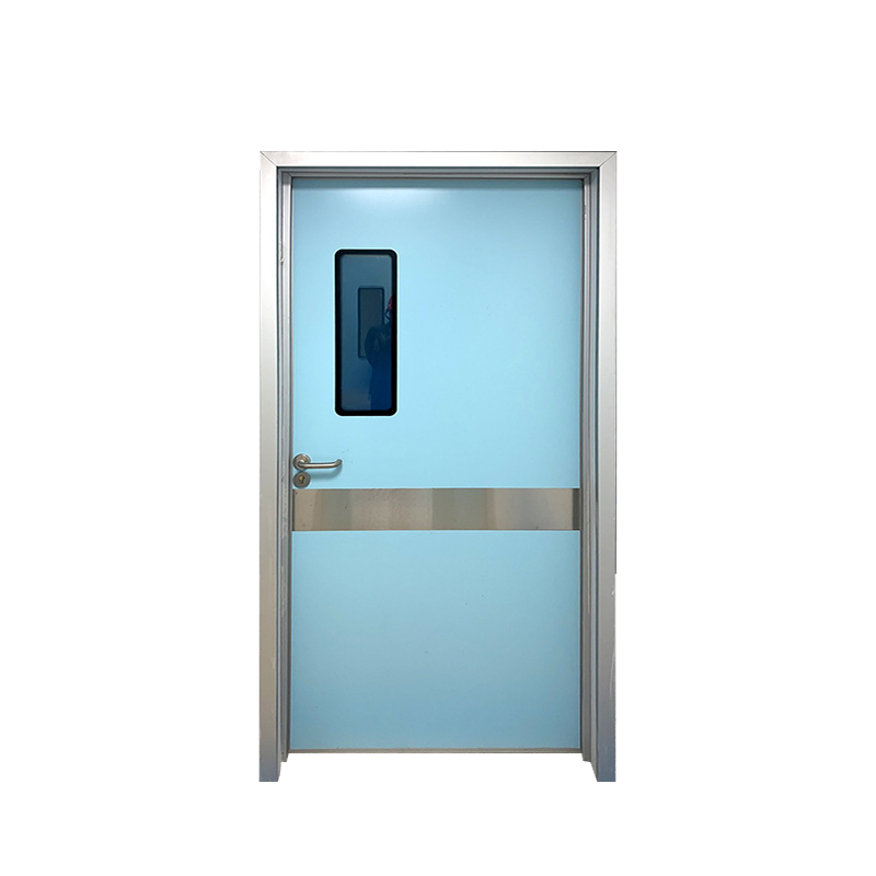 OSIDEK classic manual single-leaf swing hermetic door with physical handle and crash guard, structurally stable design for medical cleanrooms.