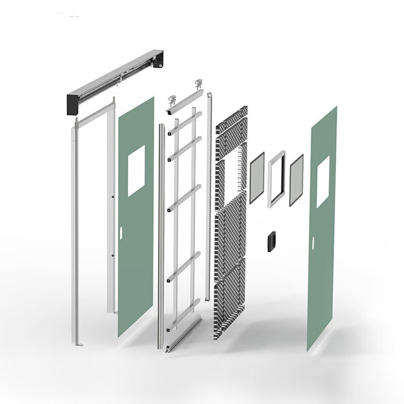 Exploded 3D view detailing the internal multi-layer structure and lead lining of OSIDEK's hermetic shielding door.