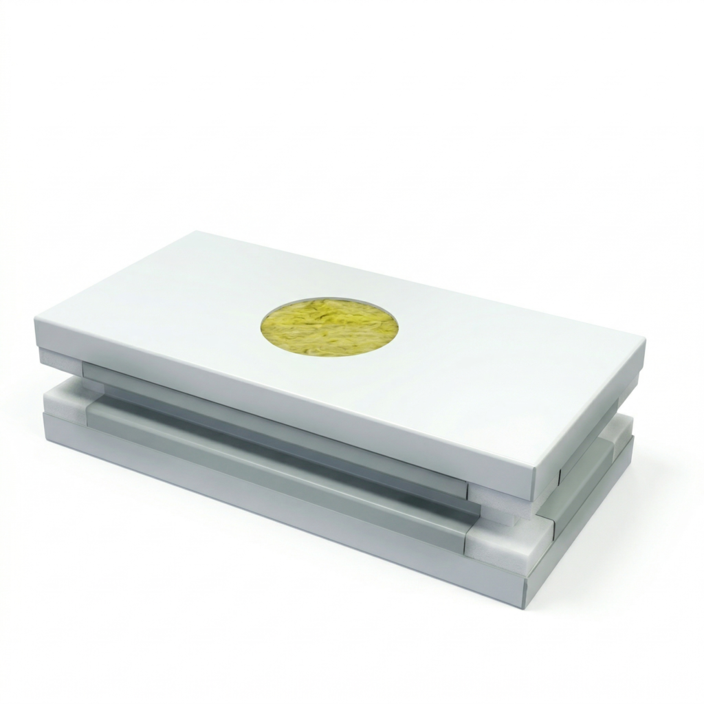 Real product sample of OSIDEK cleanroom sandwich panel, featuring a circular cutaway to explicitly display the premium pure rock wool core.