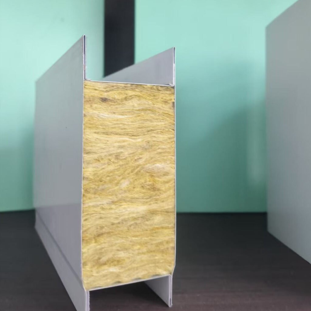 Cross-section of OSIDEK cleanroom sandwich panel showcasing the pure rock wool core, engineered for Class A fire resistance and thermal insulation.