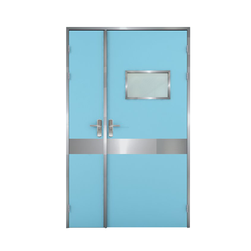 OSIDEK manual unequal double-leaf steel cleanroom door featuring an ultra-flush design and mother-son configuration for GMP compliant facilities.