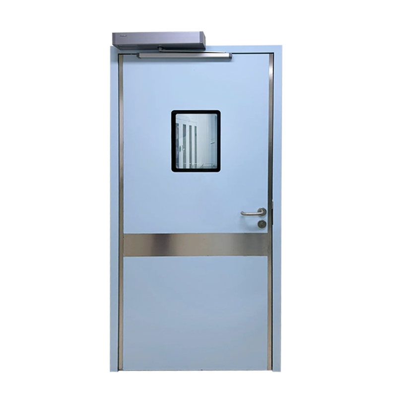 SIDEK manual single-leaf steel cleanroom door equipped with a door closer and ultra-flush observation window for GMP pharmaceutical facilities.
