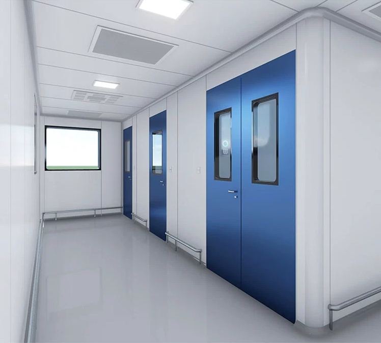 OSIDEK flush-mounted blue steel cleanroom doors installed in a sterile hospital corridor, demonstrating our full-scale construction and installation capabilities.