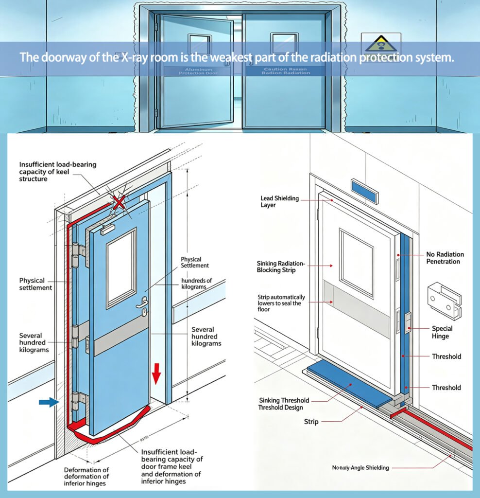 Technical diagram illustrating the cause of bottom sagging in hospital X-ray room lead doors and OSIDEK's retractable seal solution to prevent radiation leaks.