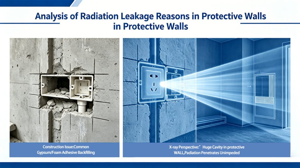 Technical diagram analyzing radiation leakage through electrical box penetrations in hospital X-ray room walls, highlighting a critical blind spot in shielding construction.