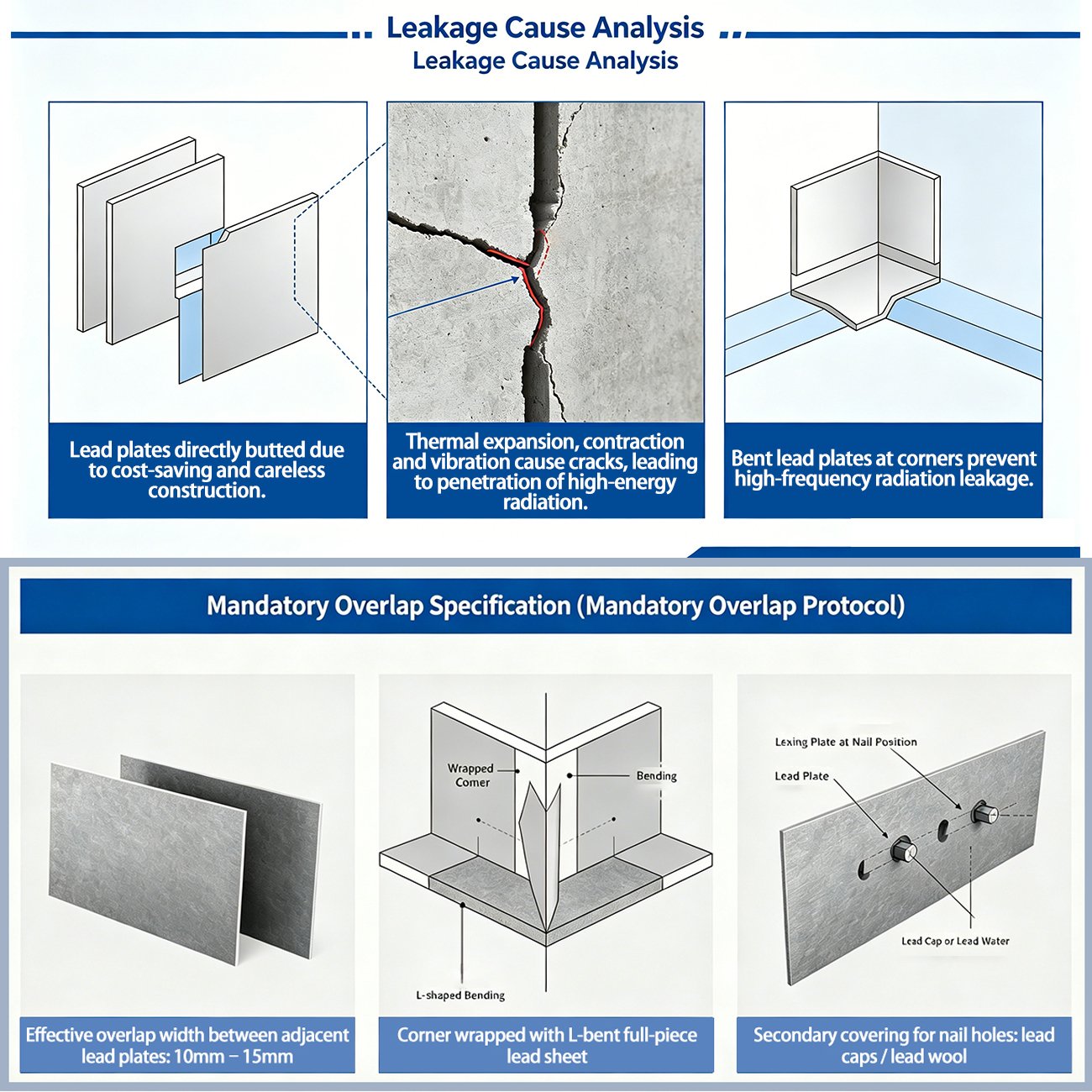 Technical analysis diagram of radiation leakage at wall joints, detailing OSIDEK's overlapping lead panel installation specifications for corners and seams.