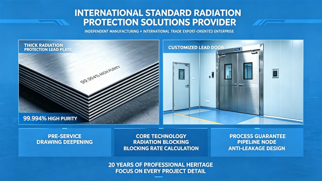 Corporate capability graphic of OSIDEK, an international standard radiation protection solutions provider, showcasing 99.994% high-purity lead plates and customized lead doors.