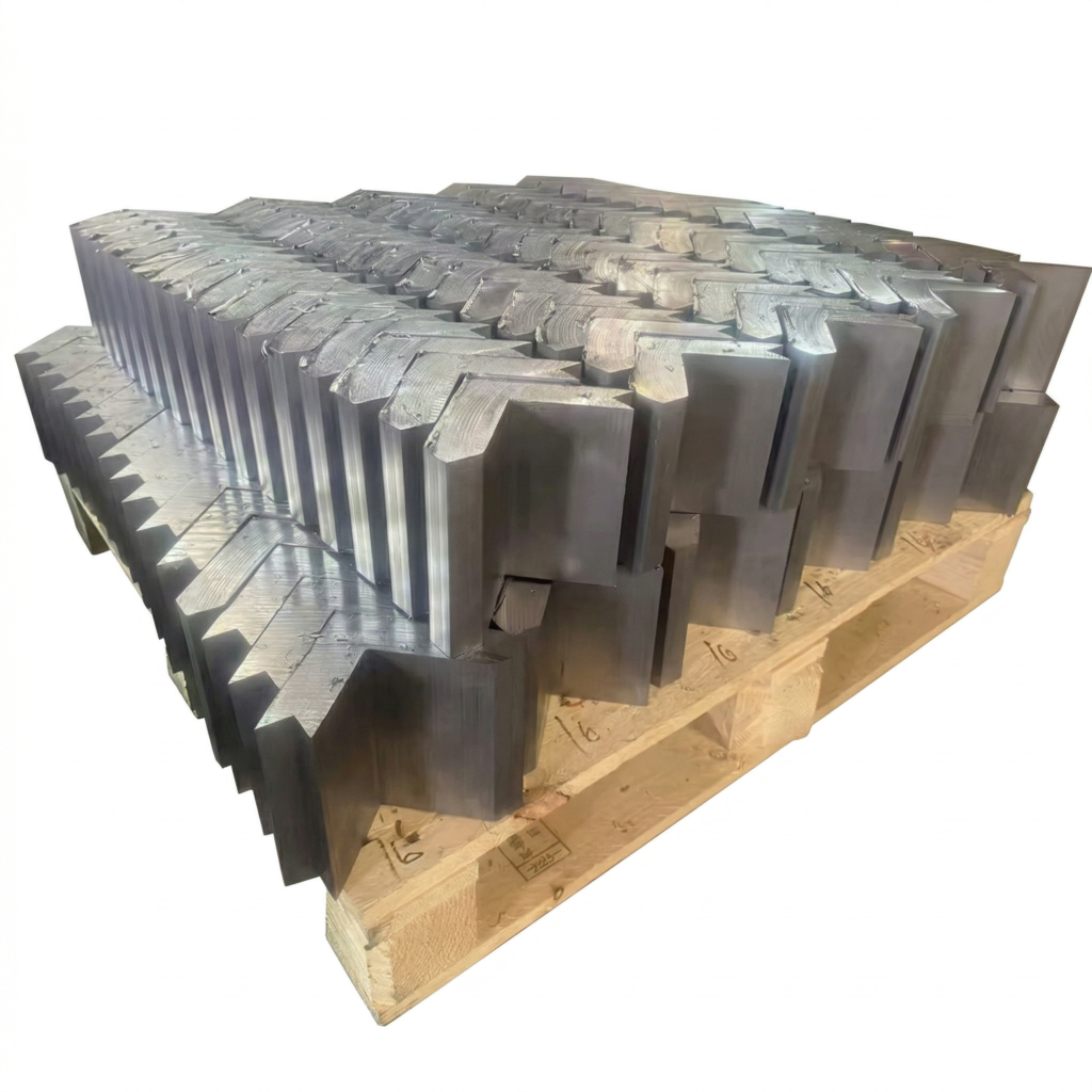 Pallet of OSIDEK interlocking lead bricks with precision-milled chevron tongue-and-groove design for seamless radiation shielding.