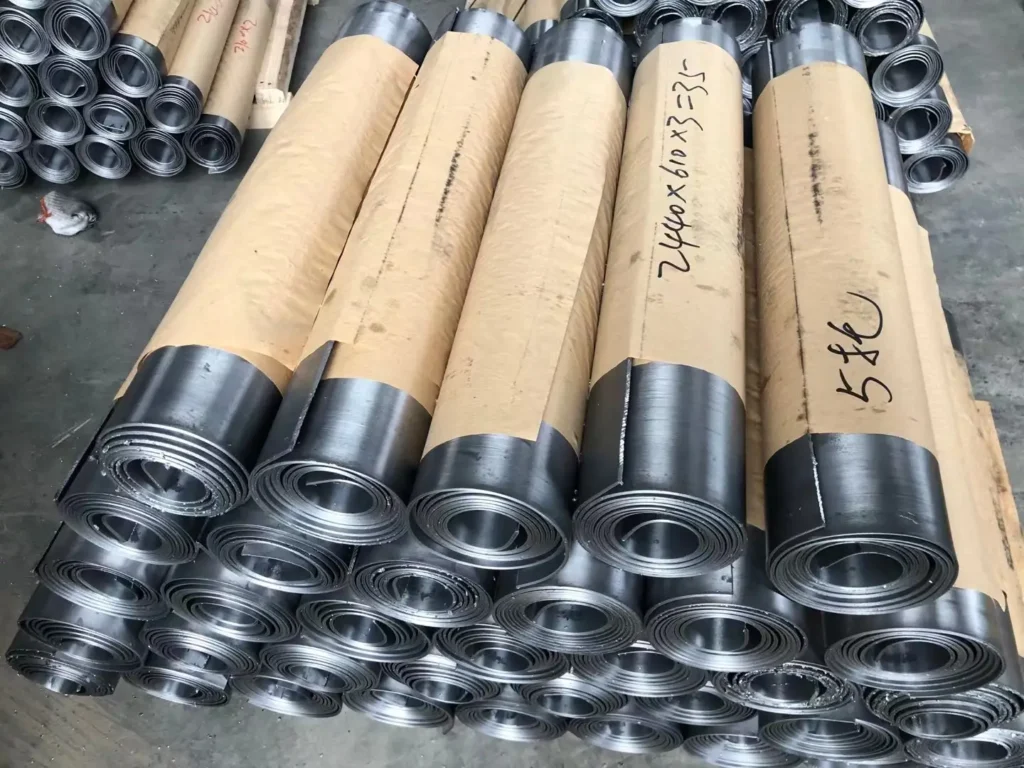 Rolls of highly malleable, 99.994% pure radiation shielding lead plates and sheets manufactured by OSIDEK for hospital X-ray and CT suites.