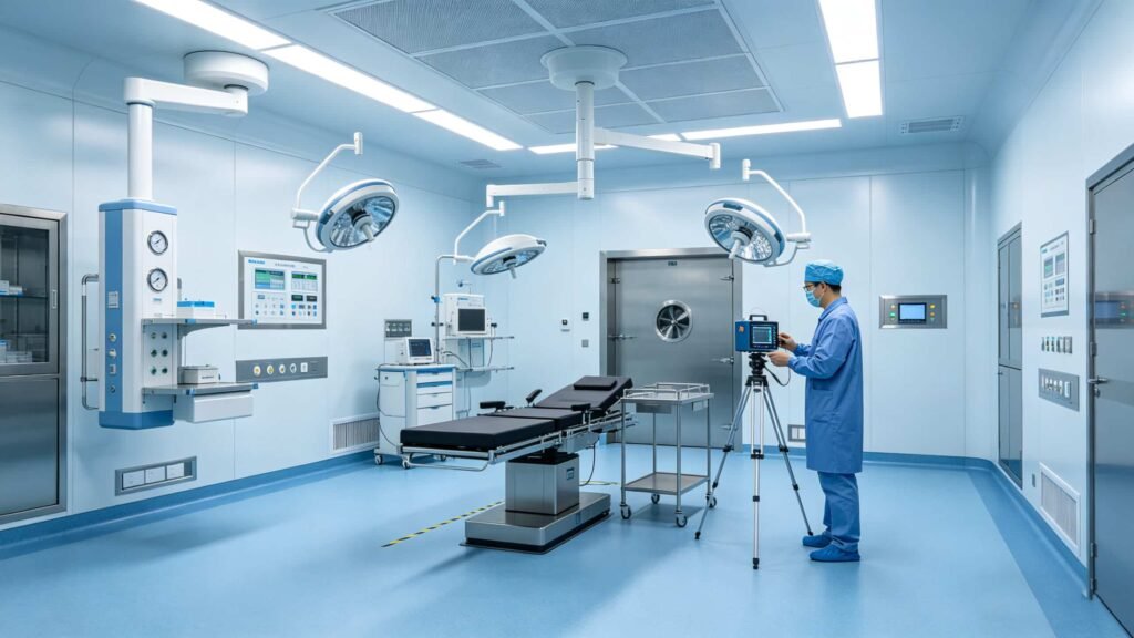 OSIDEK engineer conducting rigorous environmental compliance and acceptance testing inside a newly constructed modular operating room.