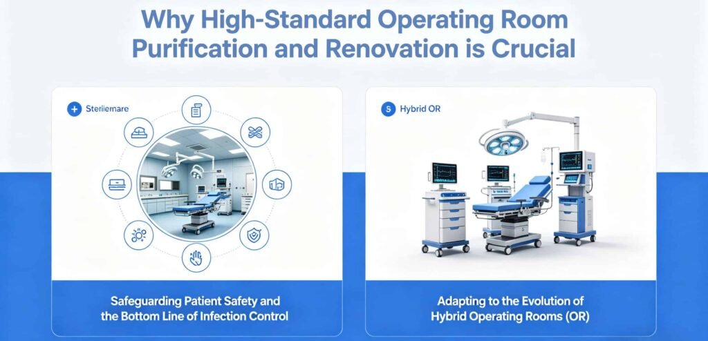 Infographic explaining why high-standard operating room purification and renovation is crucial for infection control and Hybrid OR integration.
