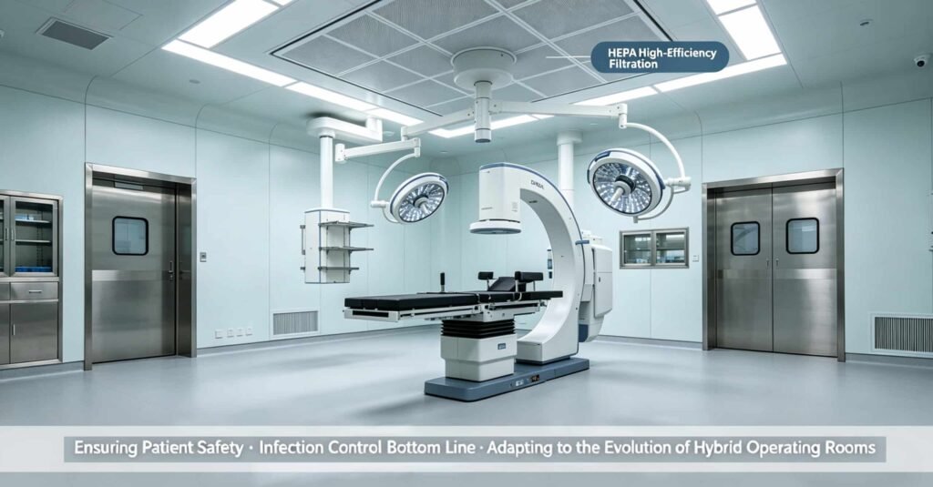 Interior view of a modern Hybrid Operating Room (OR) built by OSIDEK, showcasing the seamless integration of antibacterial cleanroom panels and structural radiation shielding for intraoperative imaging equipment.