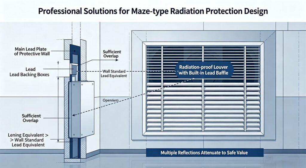 Technical diagram of OSIDEK's maze-type radiation protection design, illustrating multiple reflection attenuation through lead-backed boxes and radiation-proof louvers.