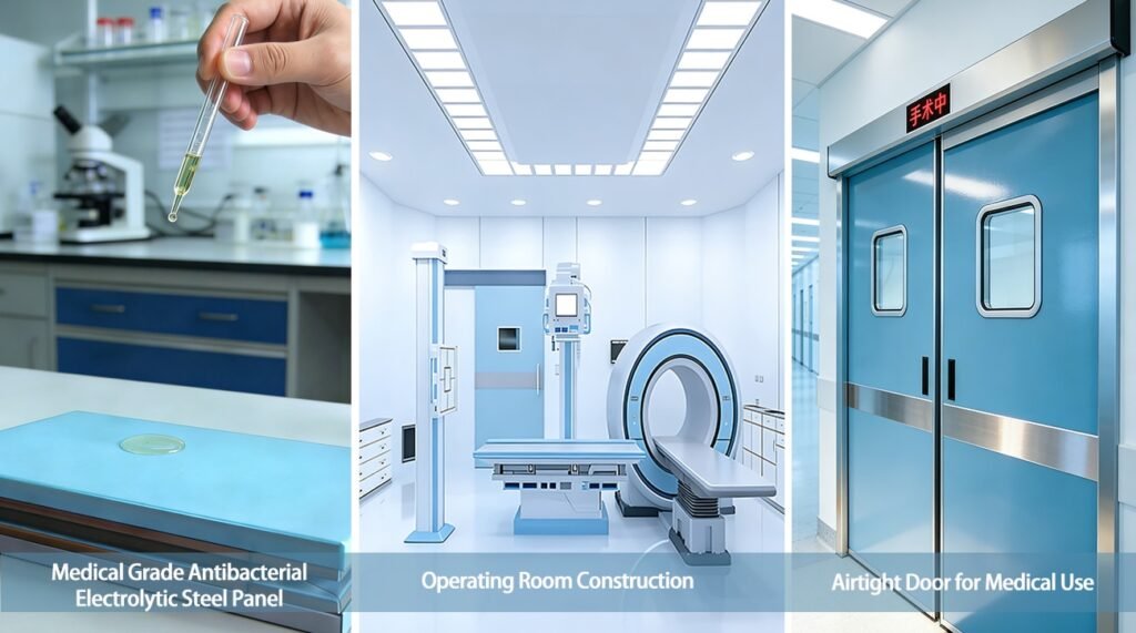 OSIDEK product showcase featuring medical-grade antibacterial cleanroom panels, hybrid operating room construction, and airtight doors.