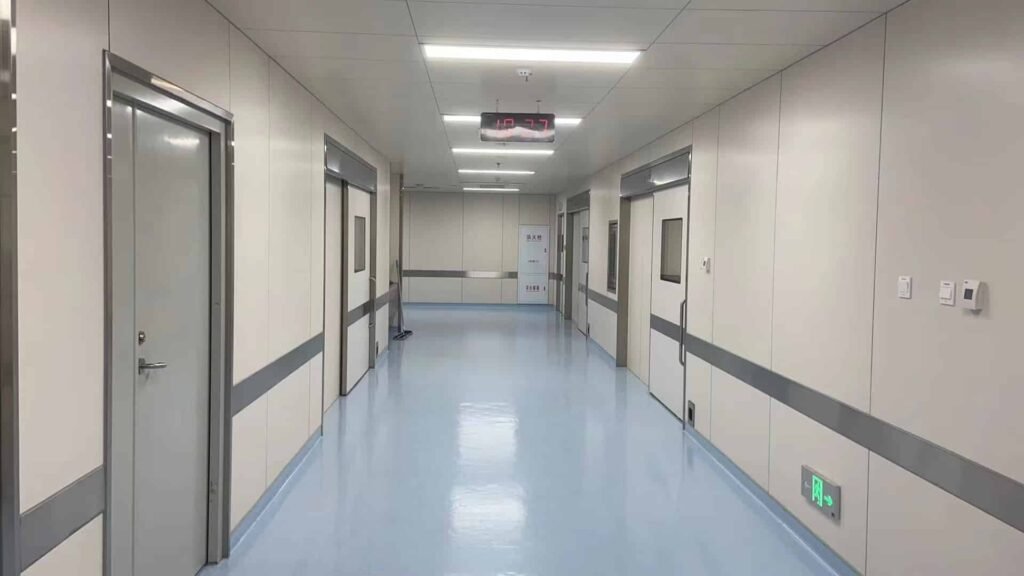 OSIDEK completed hospital corridor demonstrating seamless heavy-duty shielding retrofitting with automated lead doors and medical-grade color-steel wall panels.