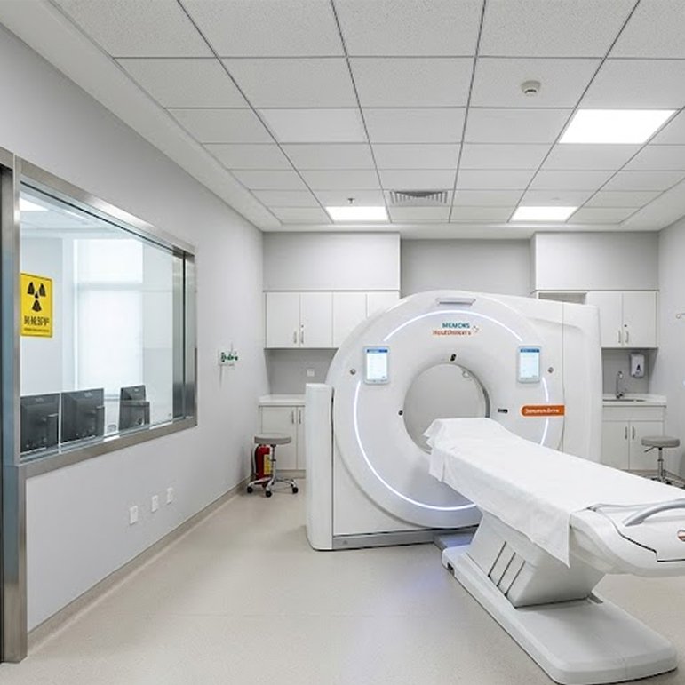 Completed turnkey CT imaging room by OSIDEK, featuring integrated cleanroom wall panels and a large high-transparency radiation shielding lead glass window.