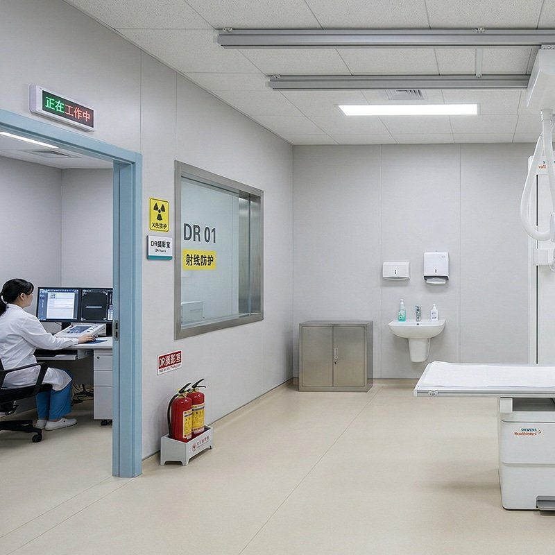 Completed DR suite project by OSIDEK, featuring integrated medical-grade cleanroom wall panels and a radiation shielding lead glass observation window.